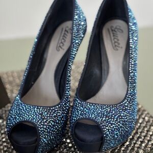 Gucci Blue Swarovski Peep Toe Pumps